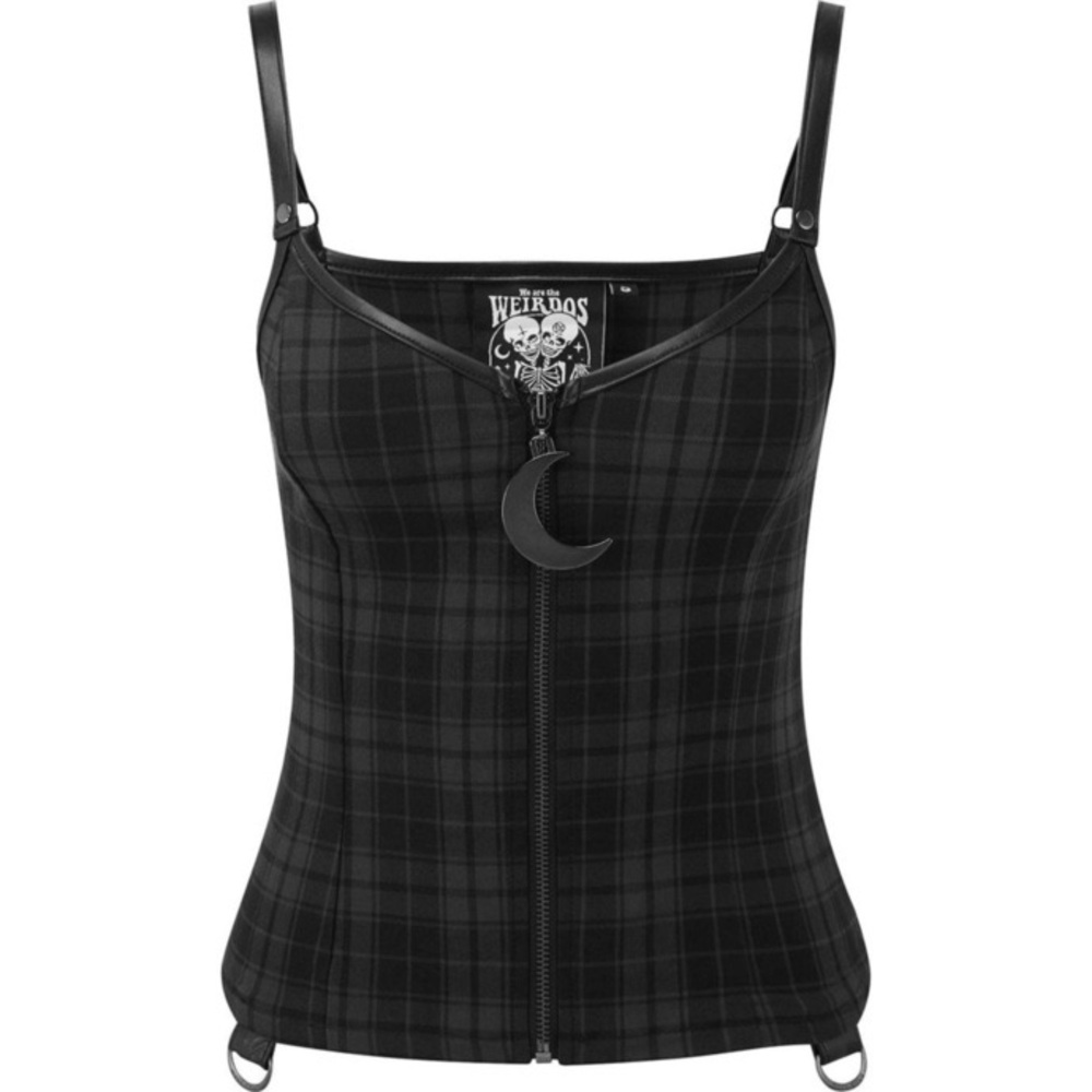 KILLSTAR Black Plaid Moon Charm Zip Women's Top